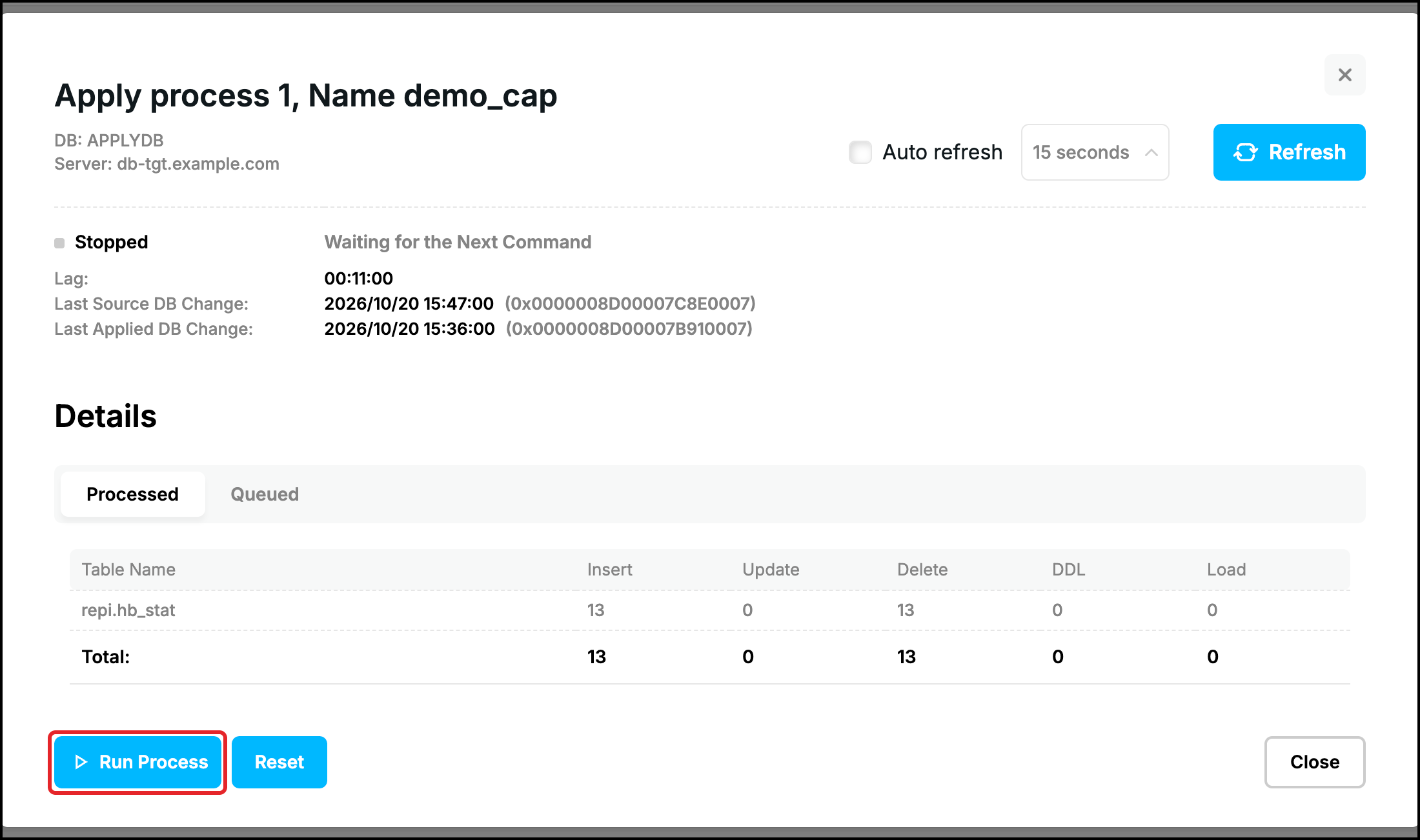 Web UI, Apply Process after the reset: state Stopped, the Run Process button highlighted
