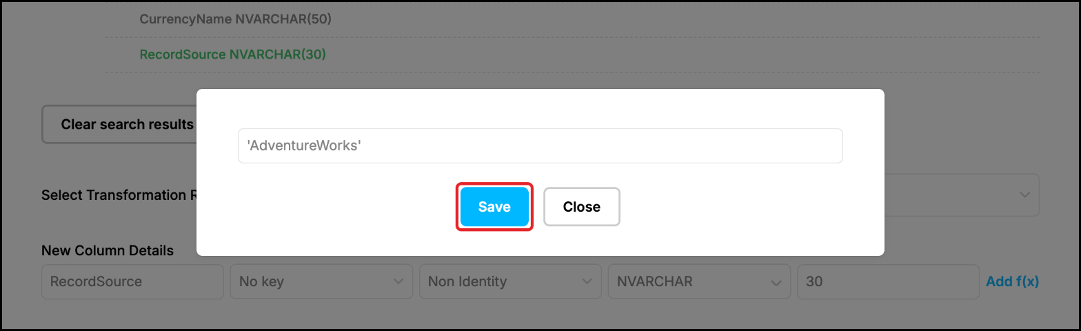 Web UI, Column Data window with the value of the new column and the Save button highlighted