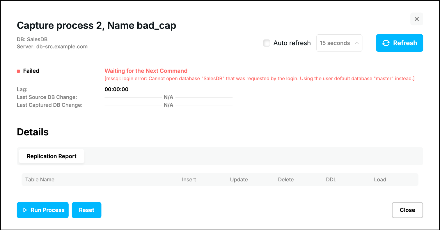 Web UI, failed Capture process: status Failed with the detailed error message