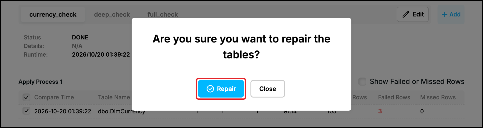 Web UI: Are you sure you want to repair the tables? with the Repair button highlighted