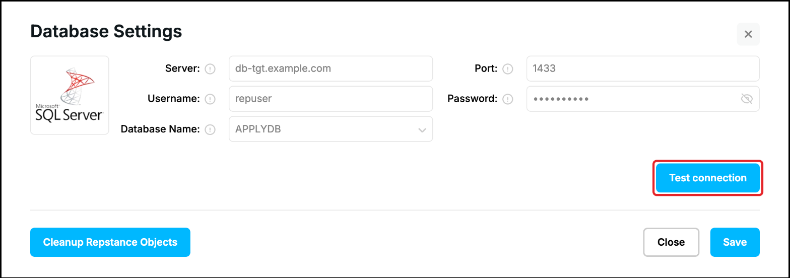 Web UI, Database Settings: filled target form with the Test connection button highlighted