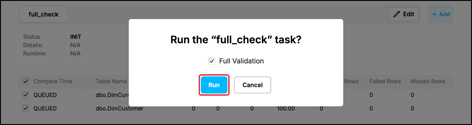 Web UI: Run the full_check task? with the option Full Validation, the Run button highlighted
