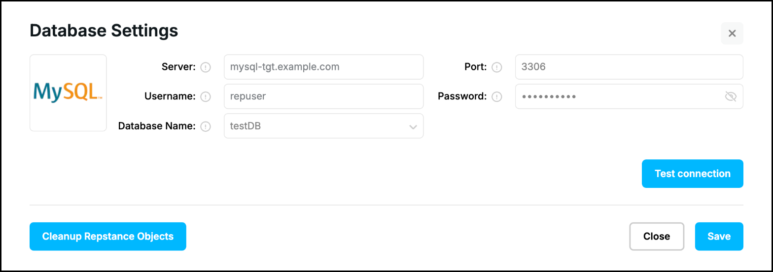 Web UI, Database Settings of a MySQL Target: server, port, login and database name