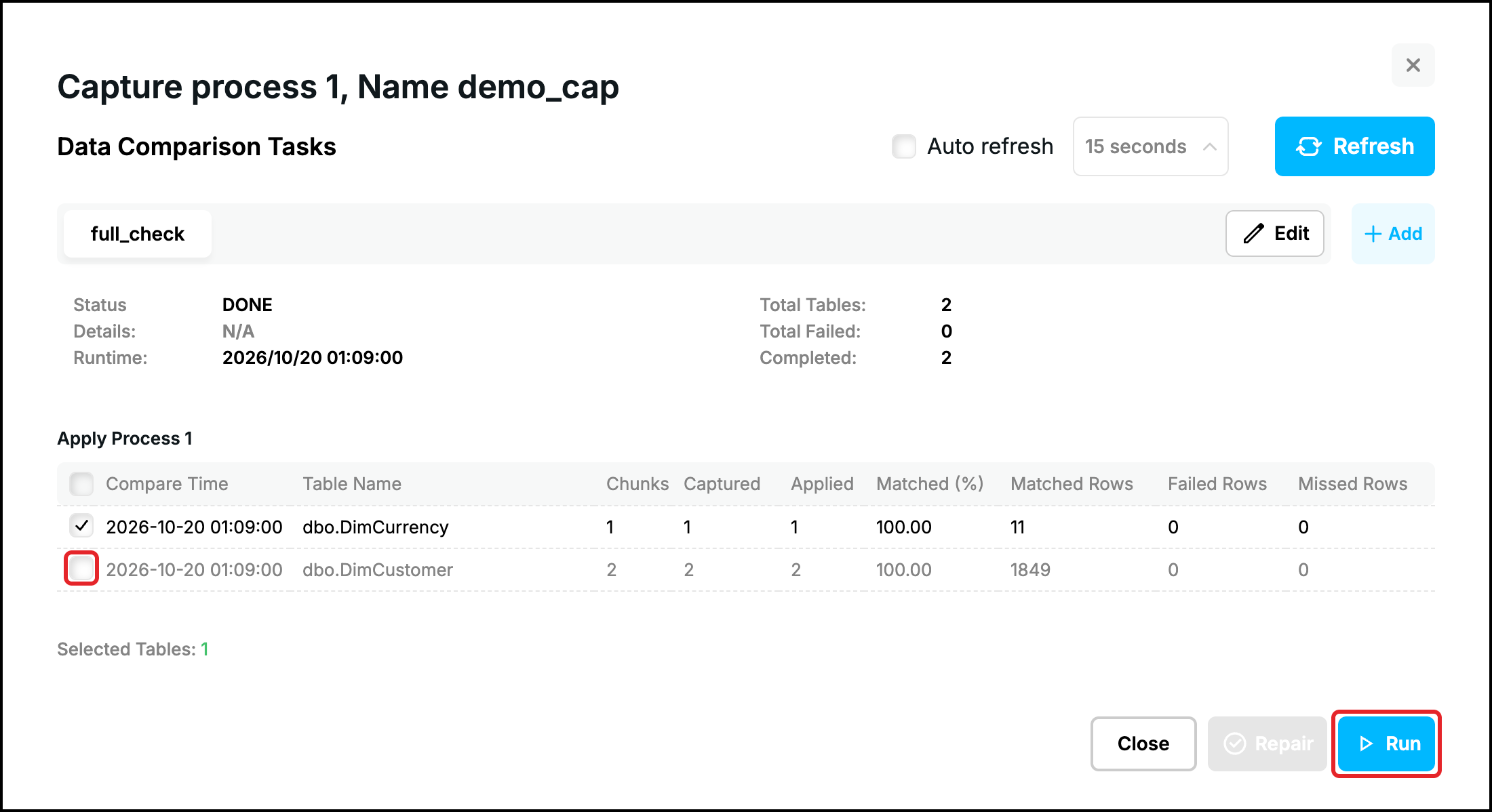 Web UI, Compare window: dbo.DimCustomer unticked, its check box and the Run button highlighted
