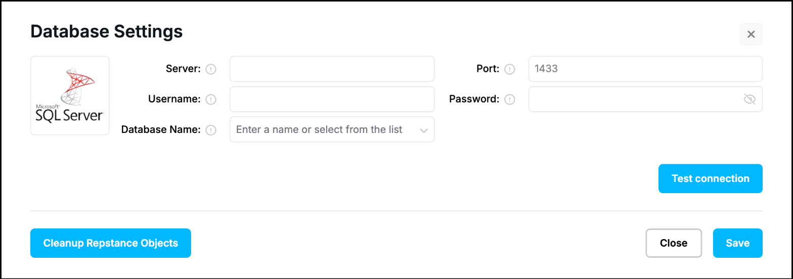 Web UI, Database Settings: empty target connection form for SQL Server