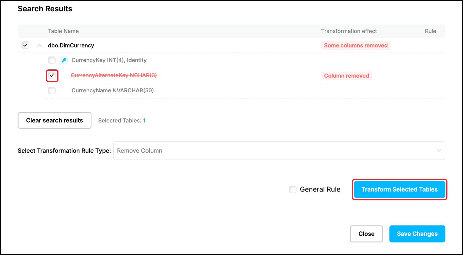 Web UI, Remove Column: the column CurrencyAlternateKey ticked and struck through, Transform Selected Tables highlighted