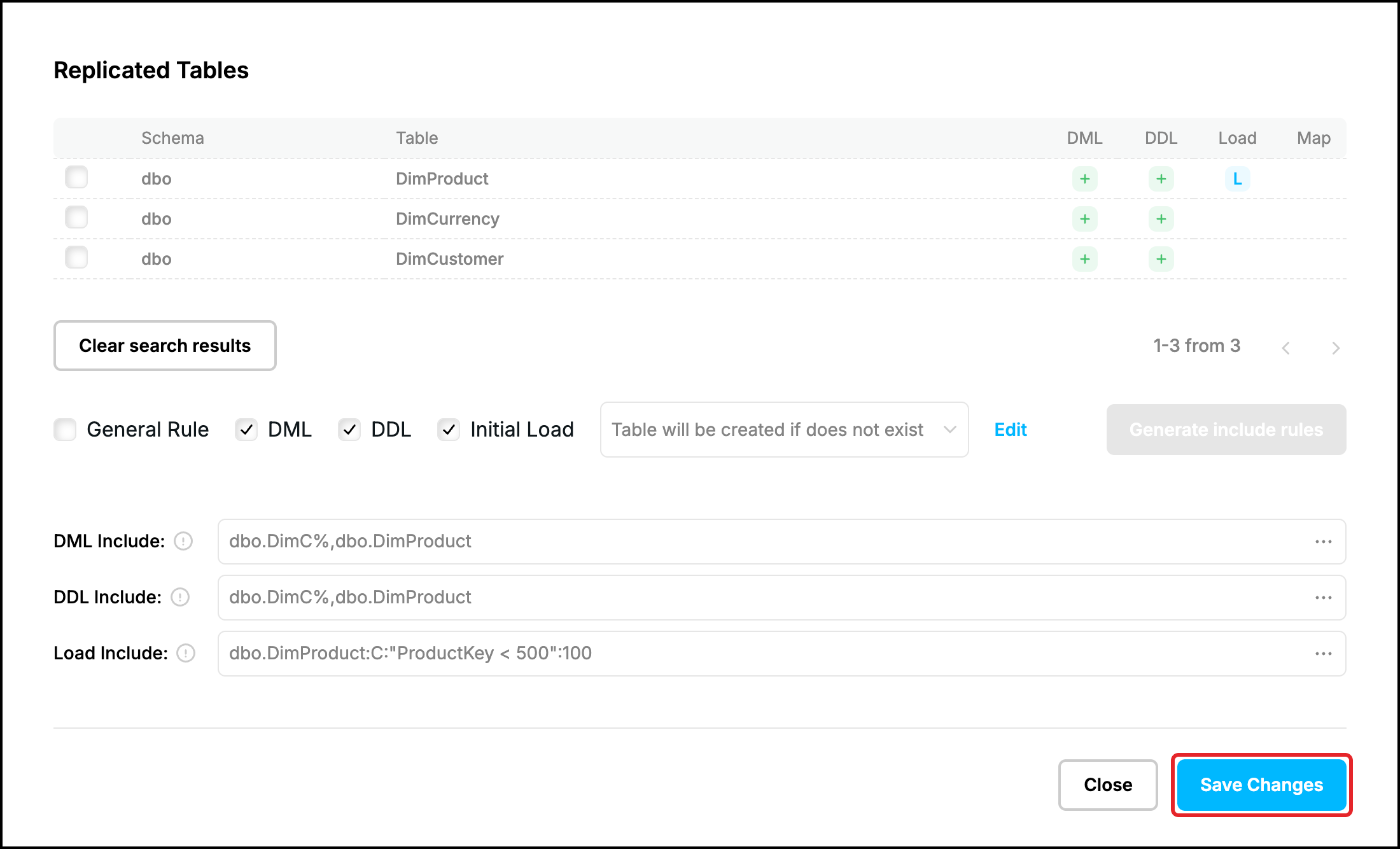 Web UI, Include Tables tab: the generated DML, DDL and Load include rules, the Save Changes button highlighted