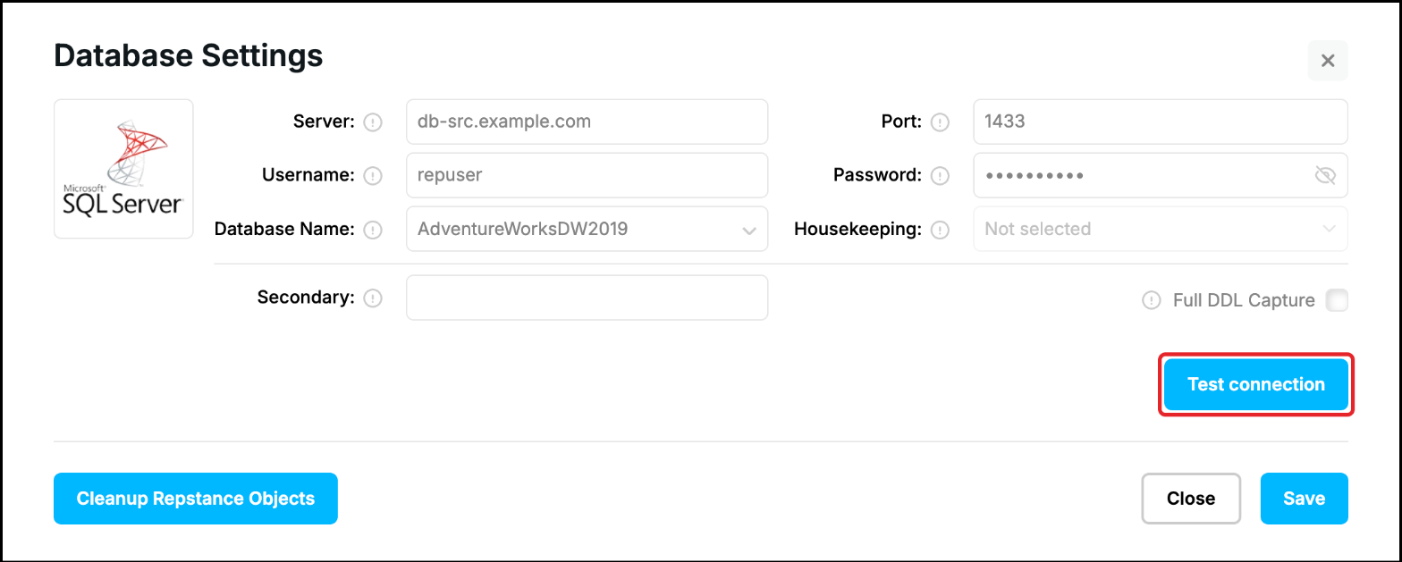 Web UI, Database Settings: filled source form with the Test connection button highlighted