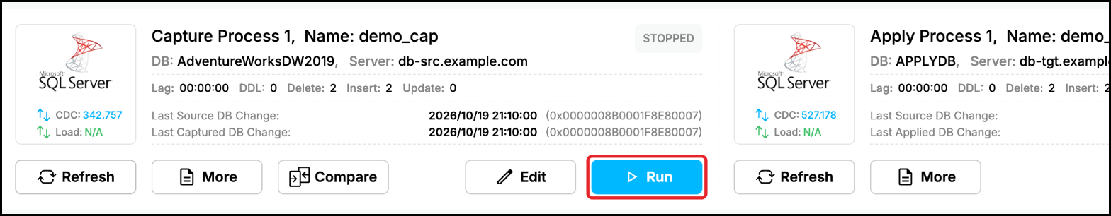 Web UI dashboard: stopped Capture Process 1 with the Run button highlighted
