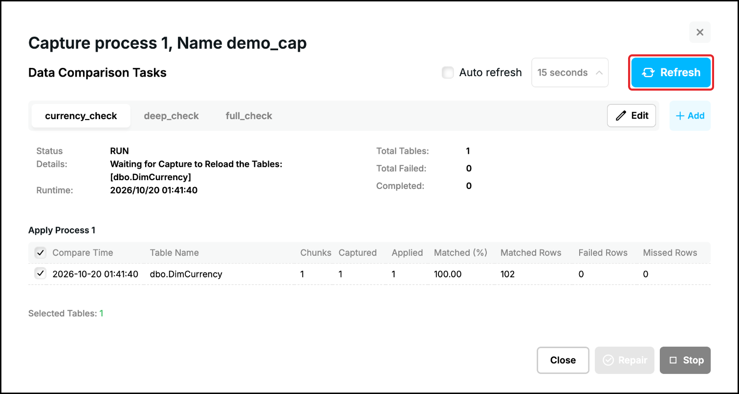 Web UI, repair running: Details Waiting for Capture to Reload the Tables, the Refresh button highlighted