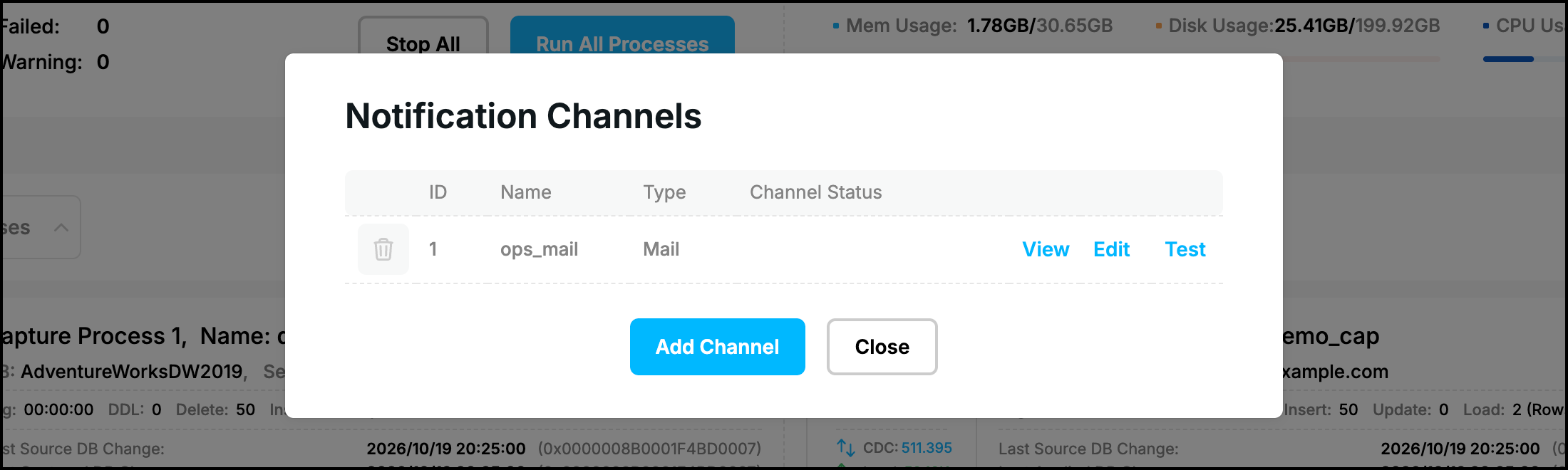 Web UI, Notification Channels: channel ops_mail with the View, Edit and Test links