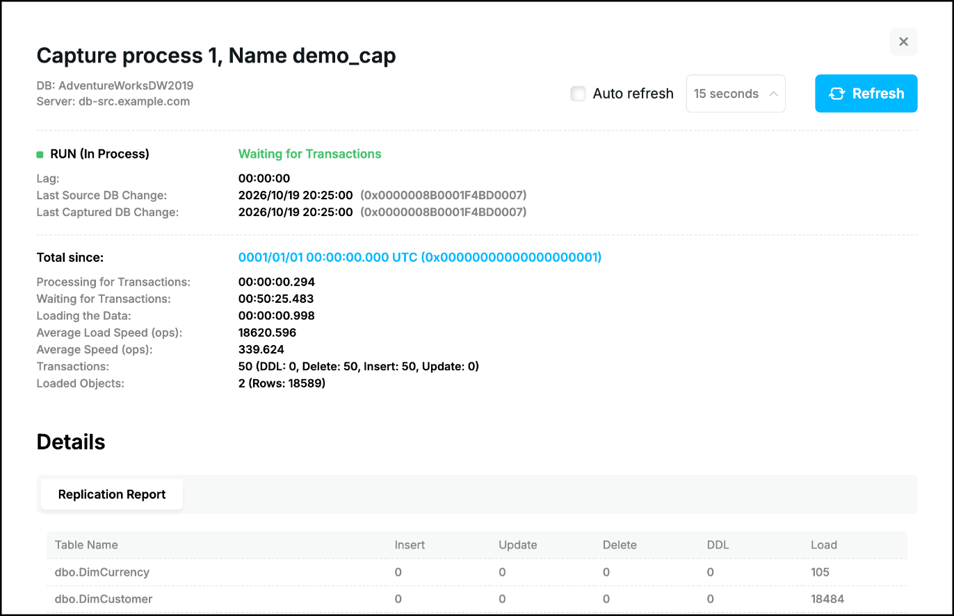 Web UI, Capture process status: state, lag, speeds, transaction totals and replication report