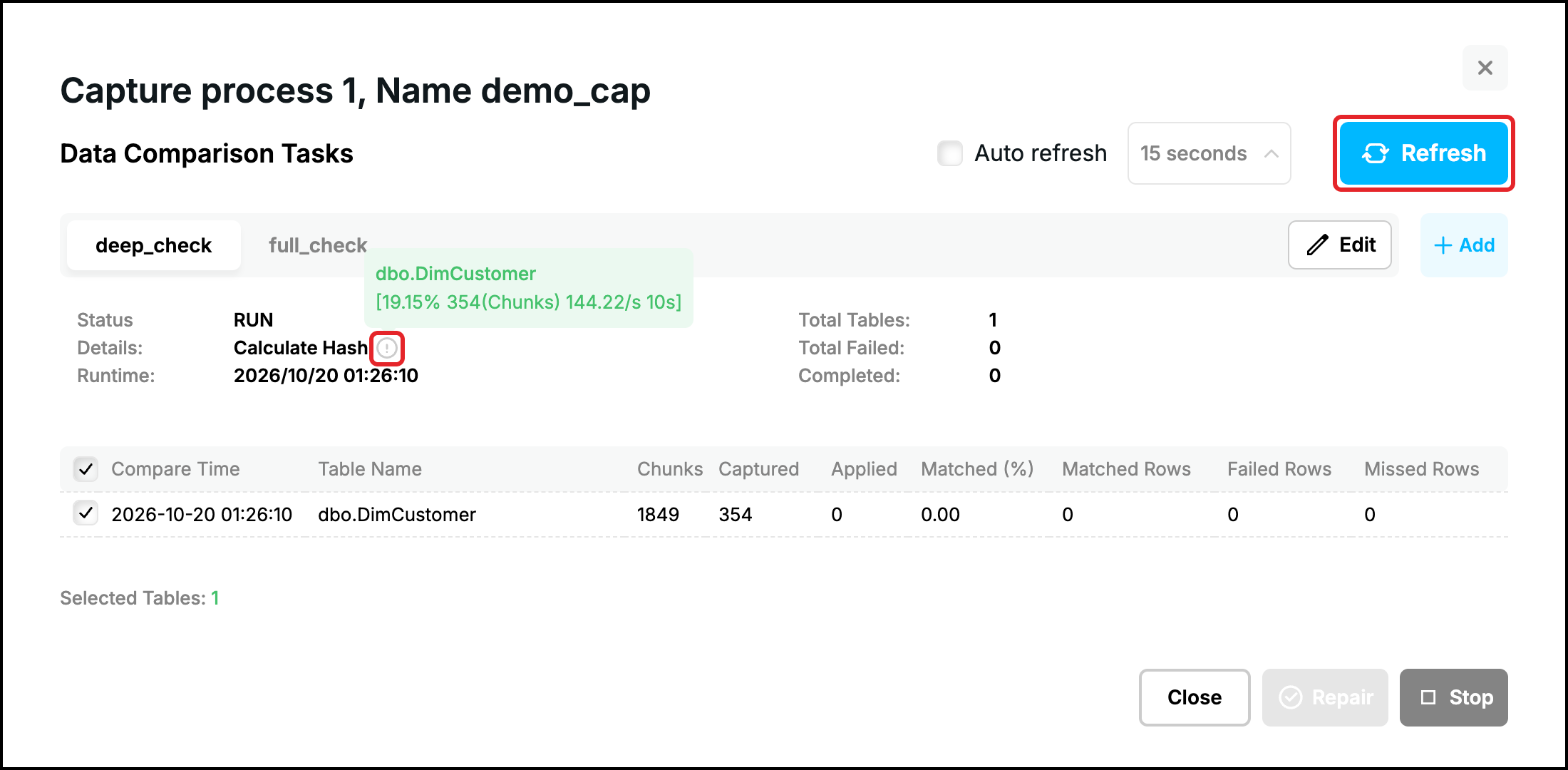 Web UI, task running: Status RUN, Details Calculate Hash with the progress of the table, Refresh highlighted