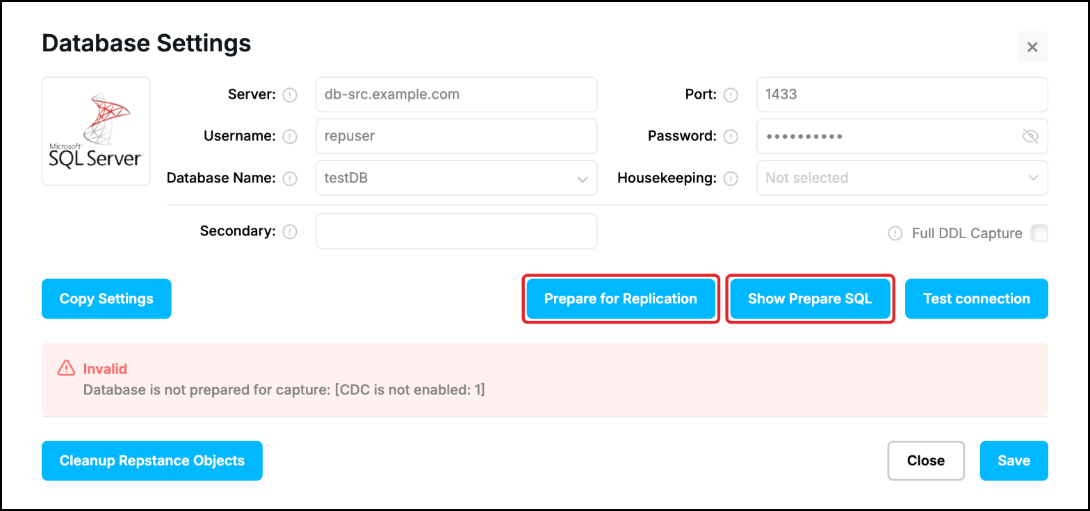 Web UI, Database Settings: not prepared, Prepare for Replication and Show Prepare SQL highlighted