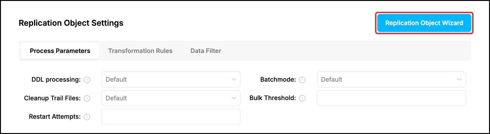 Web UI, Apply Process Configuration: Replication Object Settings with the Replication Object Wizard button highlighted