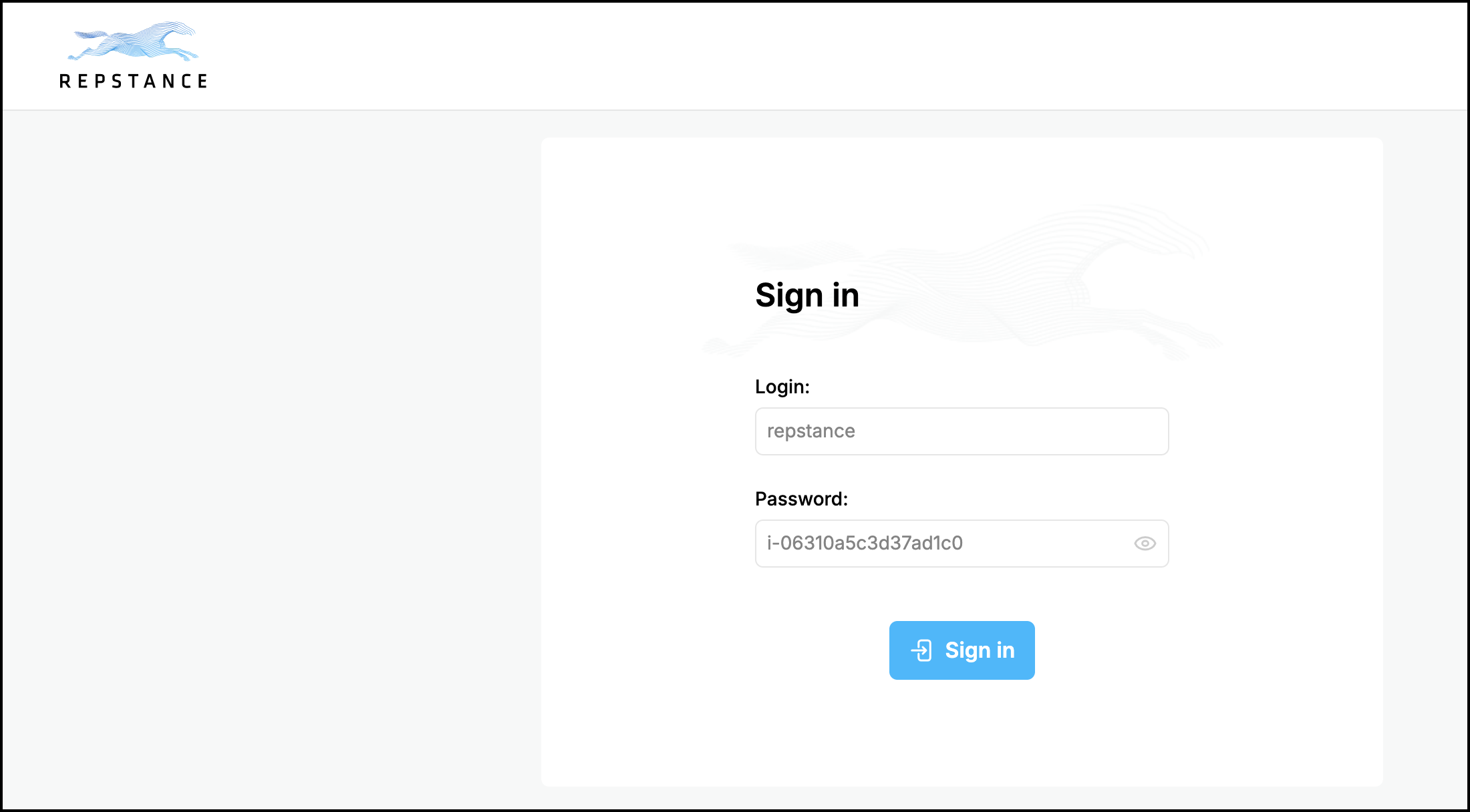 Web UI sign-in page: the login repstance and the Instance ID in the Password field, the Sign in button