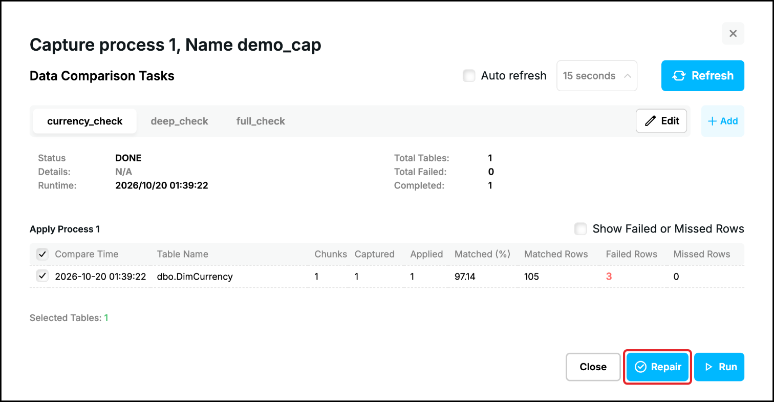 Web UI, report with failed rows: the Repair button highlighted