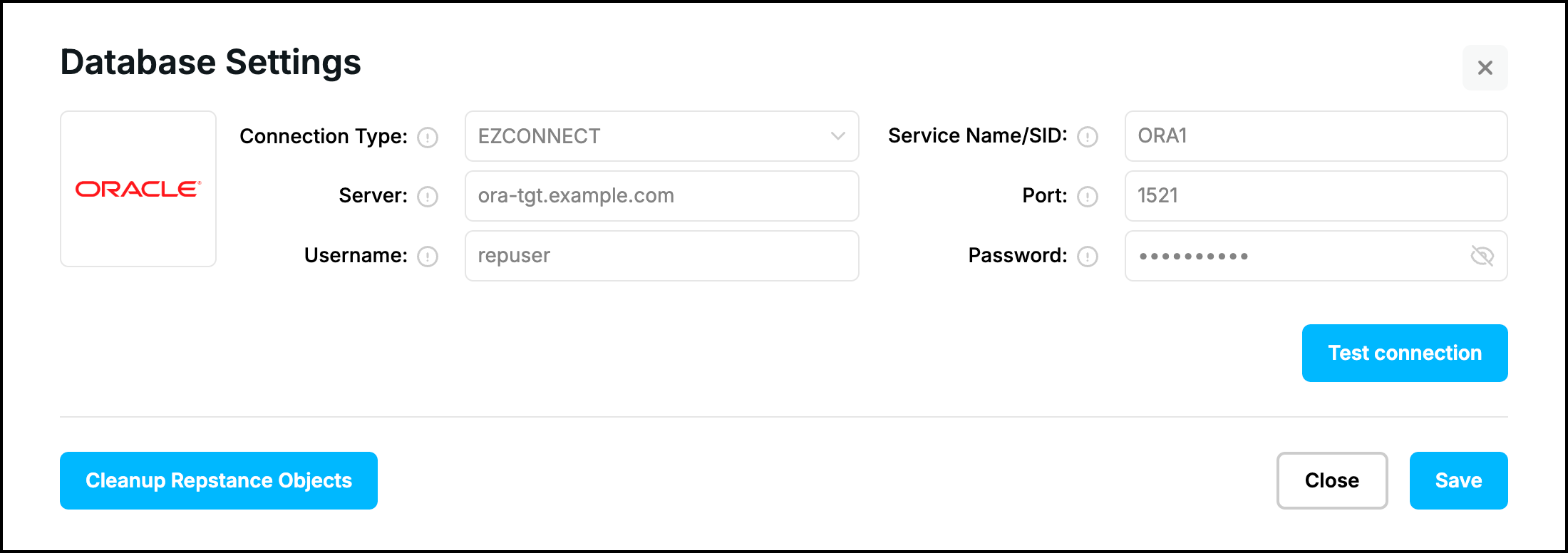 Web UI, Database Settings of an Oracle Target: connection type EZCONNECT, server, port, service name, login