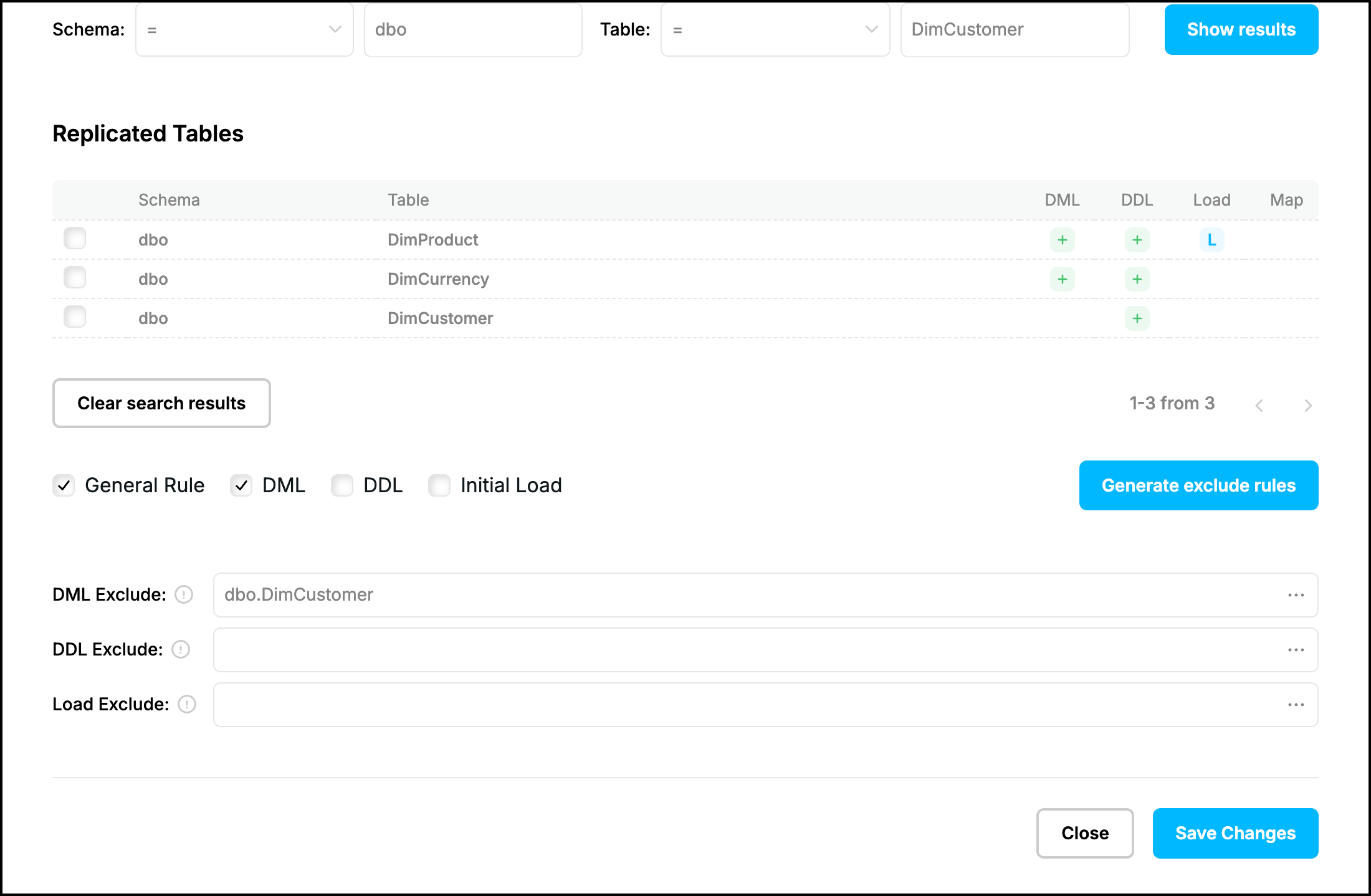 Web UI, Exclude Tables tab: the generated DML Exclude rule, the table DimCustomer has no DML mark