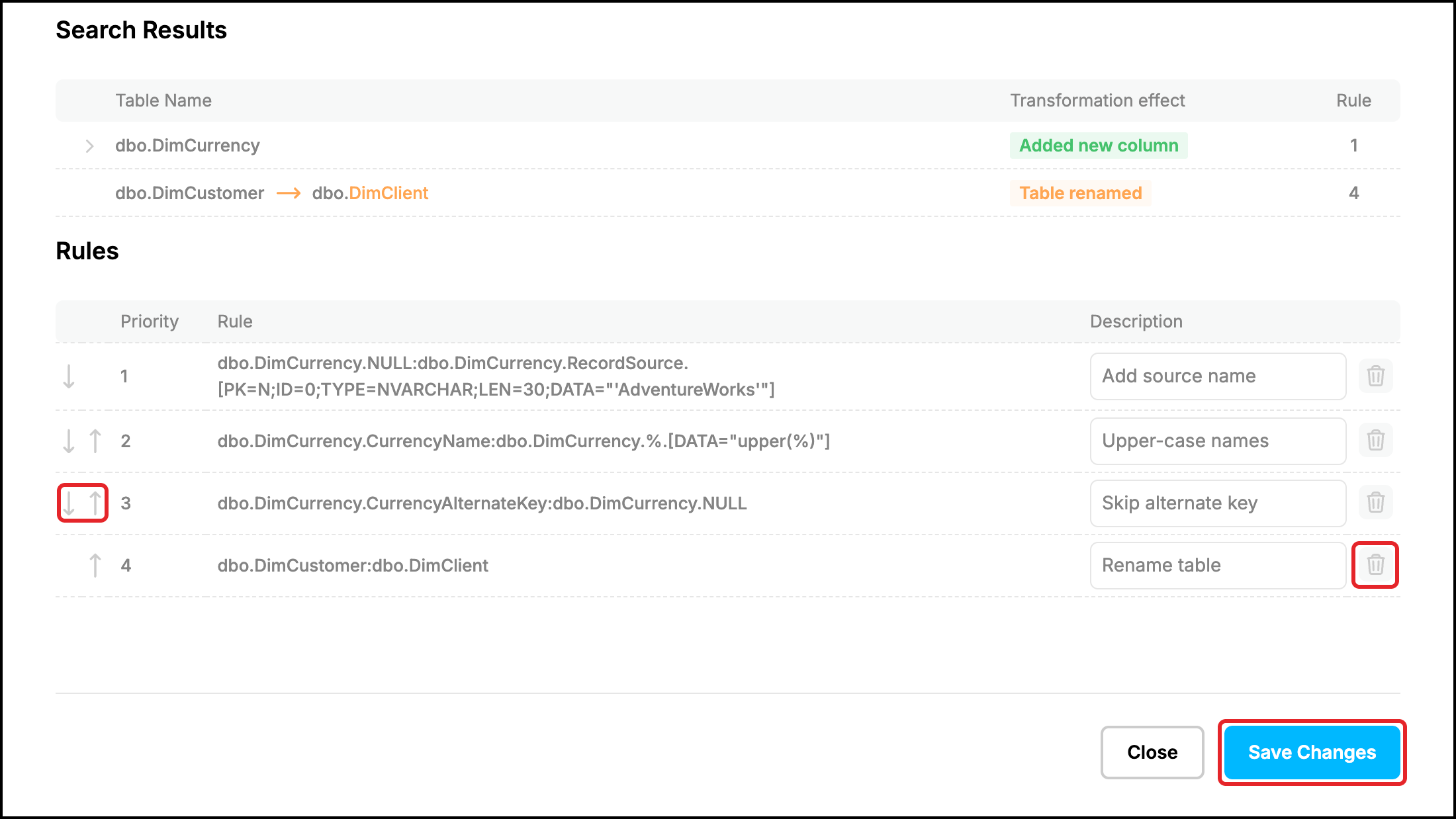 Web UI, Transform Tables tab: the list of the rules with priority arrows, descriptions, delete icons and Save Changes