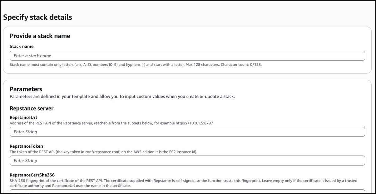 The console page Specify stack details: the stack name and the parameters, grouped as Repstance server and others.