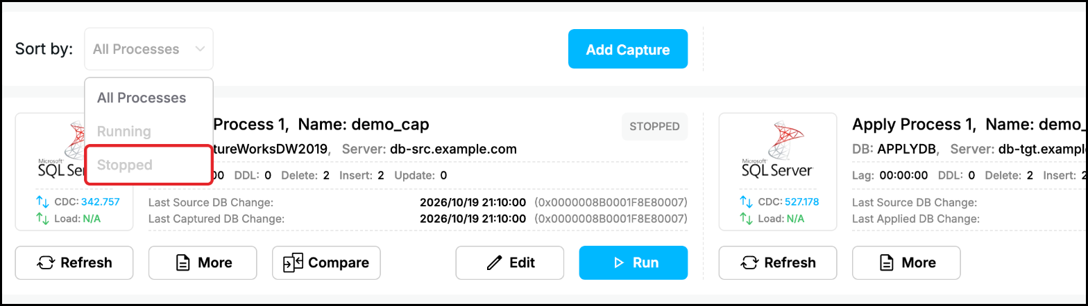 Web UI dashboard: Sort by list opened with the Stopped option highlighted
