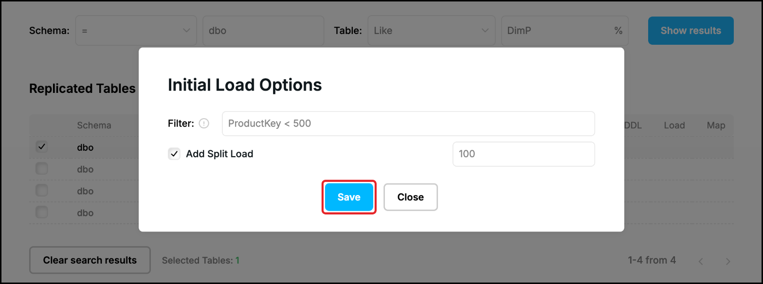Web UI, Initial Load Options window: a filter and Add Split Load, the Save button highlighted