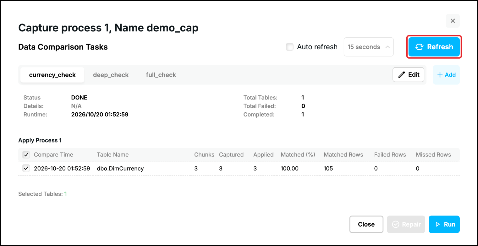 Web UI, repaired table: 100.00 matched and no failed rows, the Refresh button highlighted