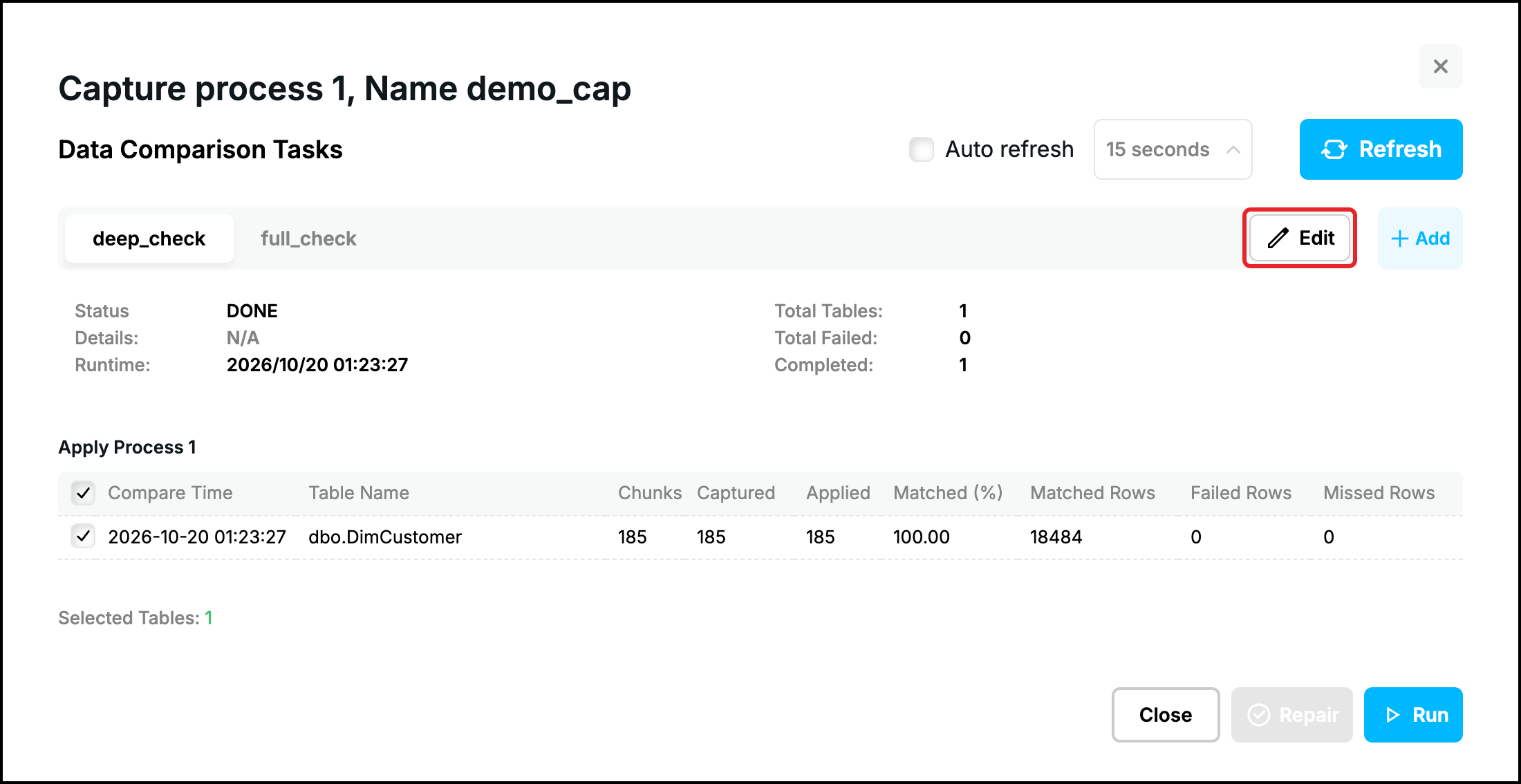 Web UI, Compare window of the task deep_check with the Edit button highlighted