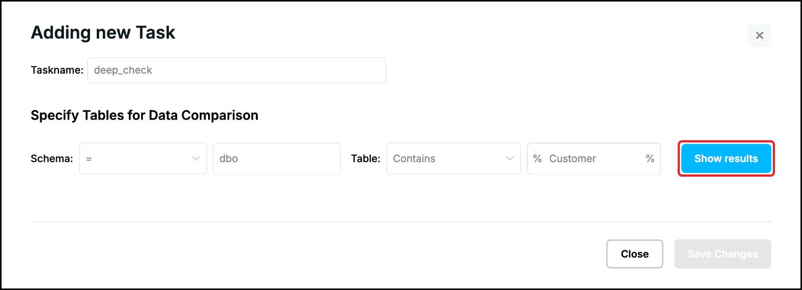 Web UI, Adding new Task: schema dbo and tables containing Customer entered, the Show results button highlighted