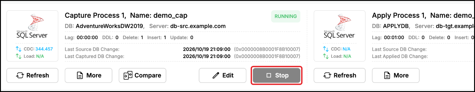 Web UI dashboard: Stop button of the running Capture Process 1 highlighted