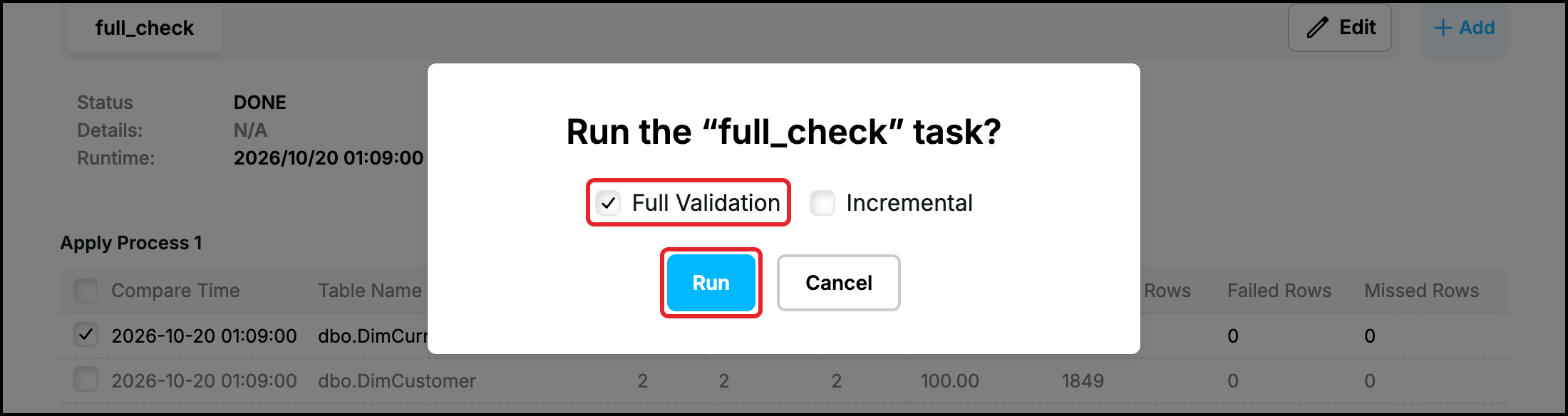 Web UI: Run dialog of a finished task with Full Validation selected, the Run button highlighted