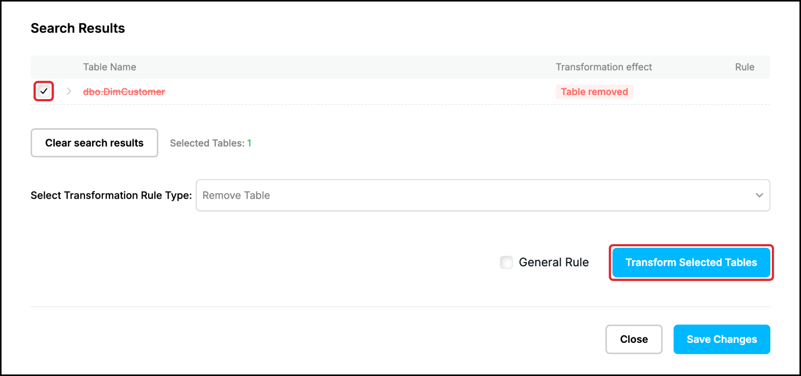 Web UI, Remove Table: the table dbo.DimCustomer ticked and struck through, Transform Selected Tables highlighted