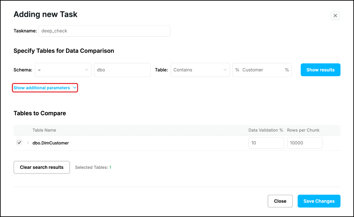 Web UI, Adding new Task: the table dbo.DimCustomer with 10 and 10000, the Show additional parameters link highlighted