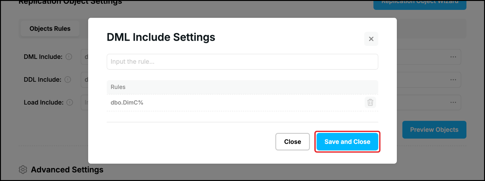 Web UI, DML Include Settings window with the list of rules and the Save and Close button highlighted