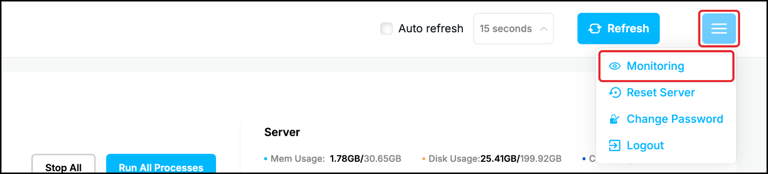 Web UI dashboard menu opened: menu button and Monitoring item highlighted