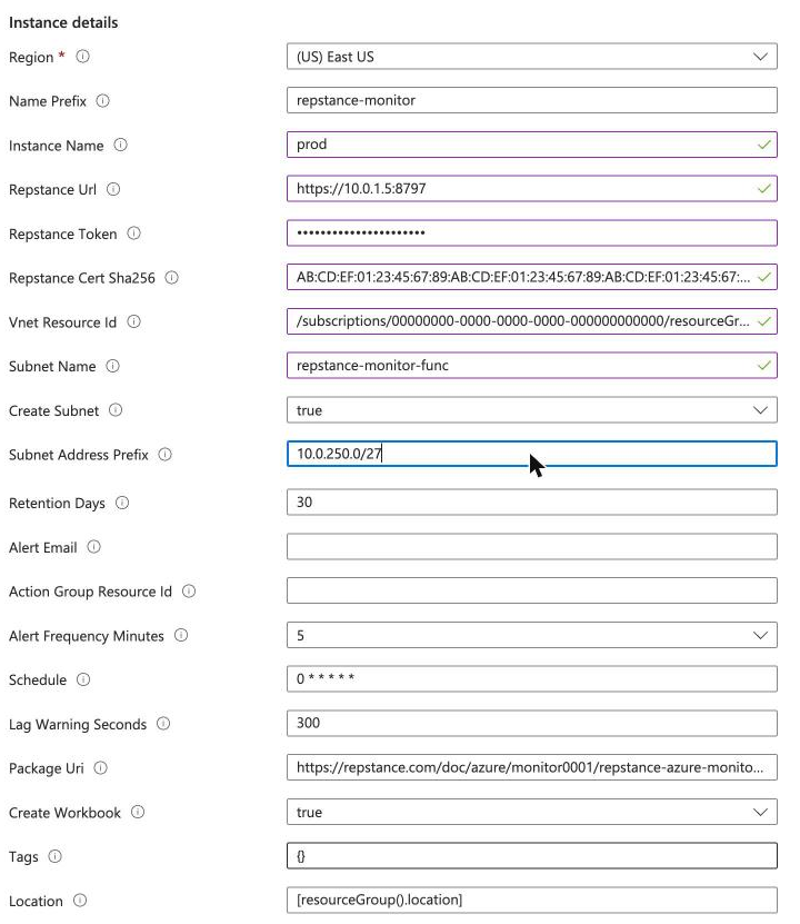 The page Custom deployment with the parameters of the template, in the portal.