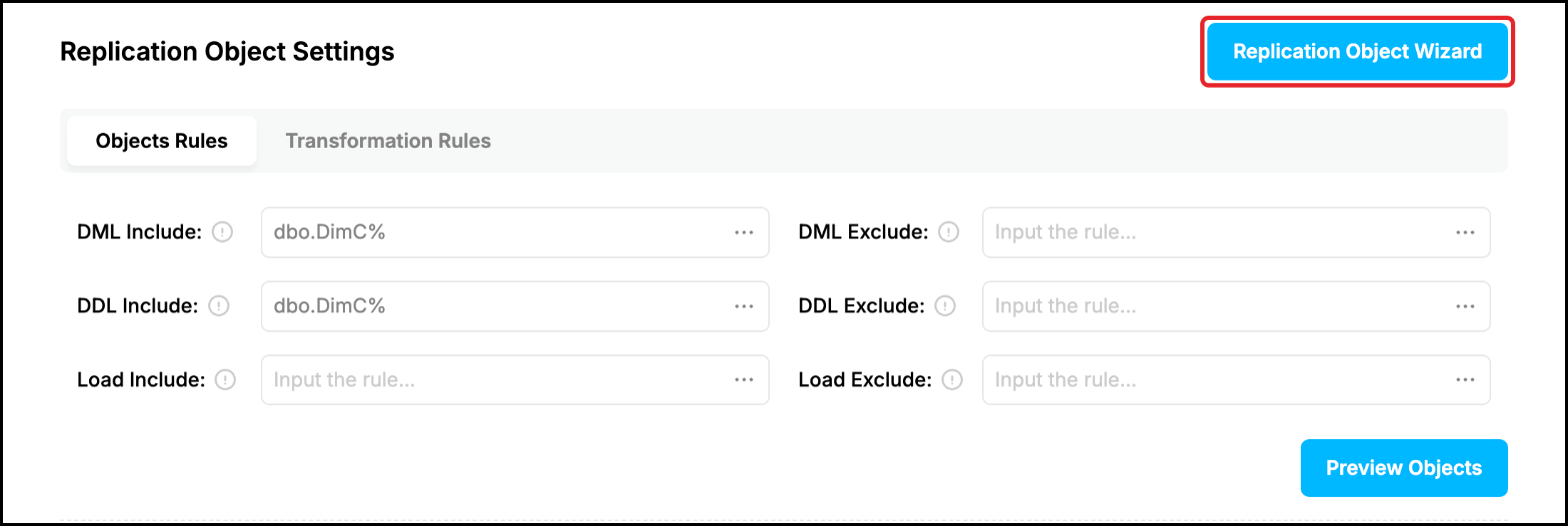 Web UI, Capture Process Configuration: Replication Object Settings with the Replication Object Wizard button highlighted