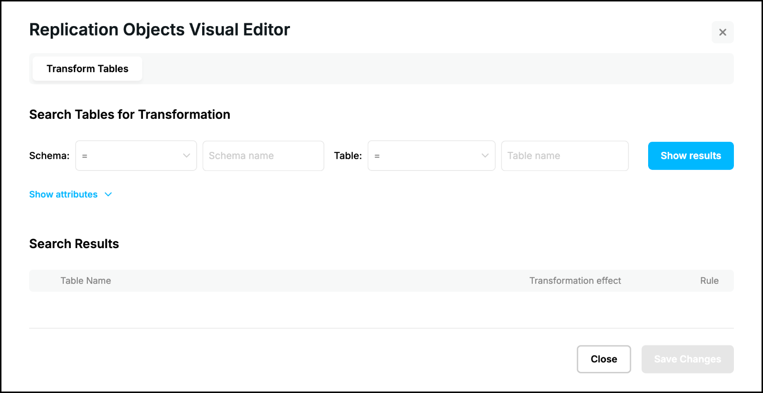 Web UI, Replication Objects Visual Editor of an Apply Process: the Transform Tables tab only