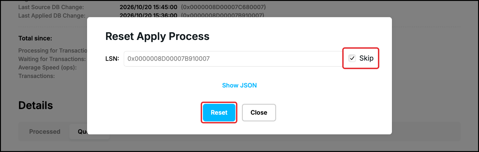 Web UI, Reset Apply Process: LSN entered, Skip ticked, the Skip box and the Reset button highlighted
