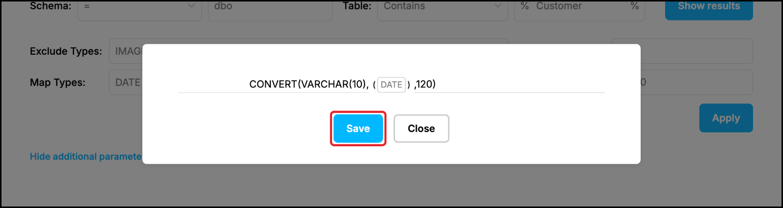Web UI, Add f(x) window for the type DATE with the text before and after the type, the Save button highlighted