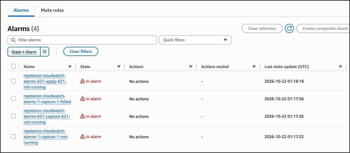 The alarm list filtered to In alarm: pair 1 capture failed and not running, pair 621 not running.