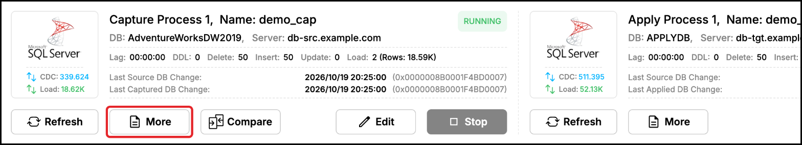Web UI dashboard: More button of the capture process card highlighted