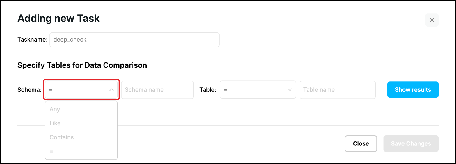 Web UI, Adding new Task: the operators of the schema name (Any, Like, Contains, =), the list highlighted