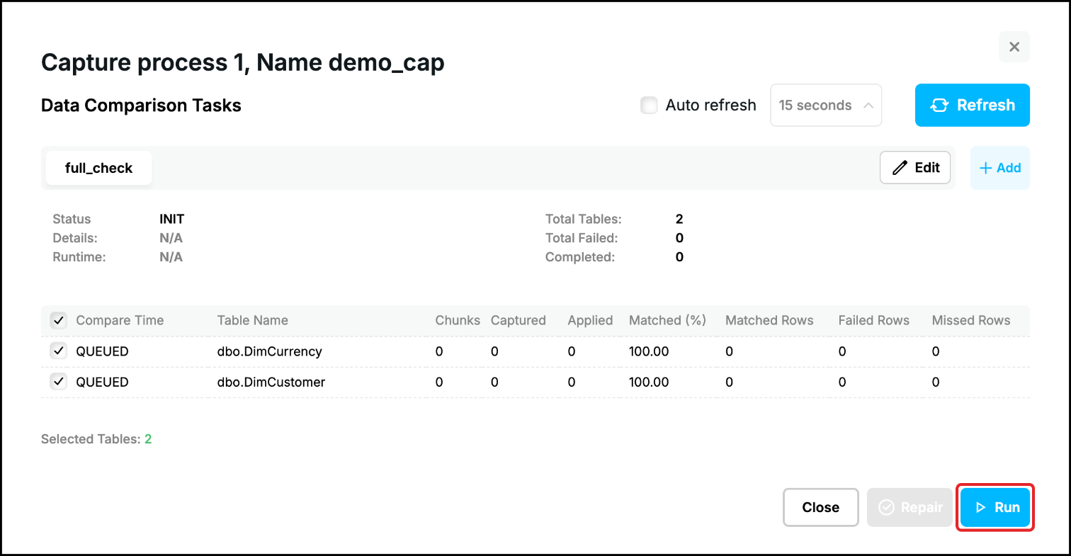 Web UI, Compare window of the task full_check with the status INIT, the Run button highlighted