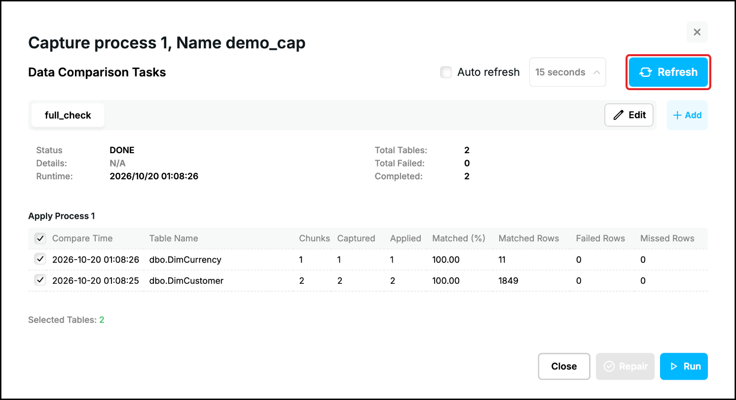 Web UI, finished task: Status DONE, both tables compared with 100.00 matched, the Refresh button highlighted