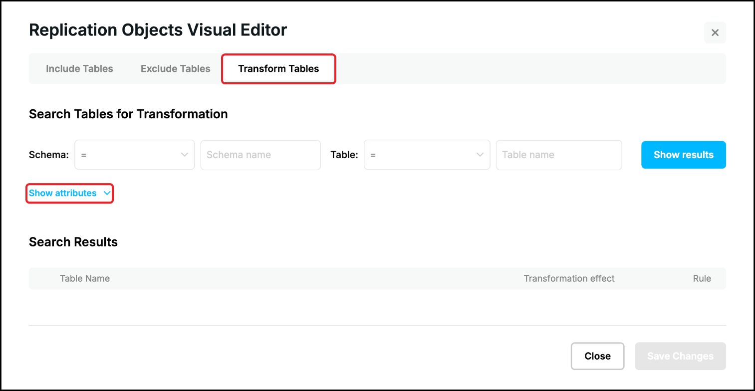 Web UI, Transform Tables tab: the tab and the Show attributes link highlighted