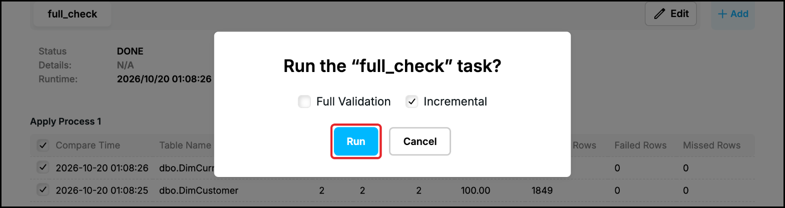 Web UI: Run dialog of a complete task with Incremental selected, the Run button highlighted