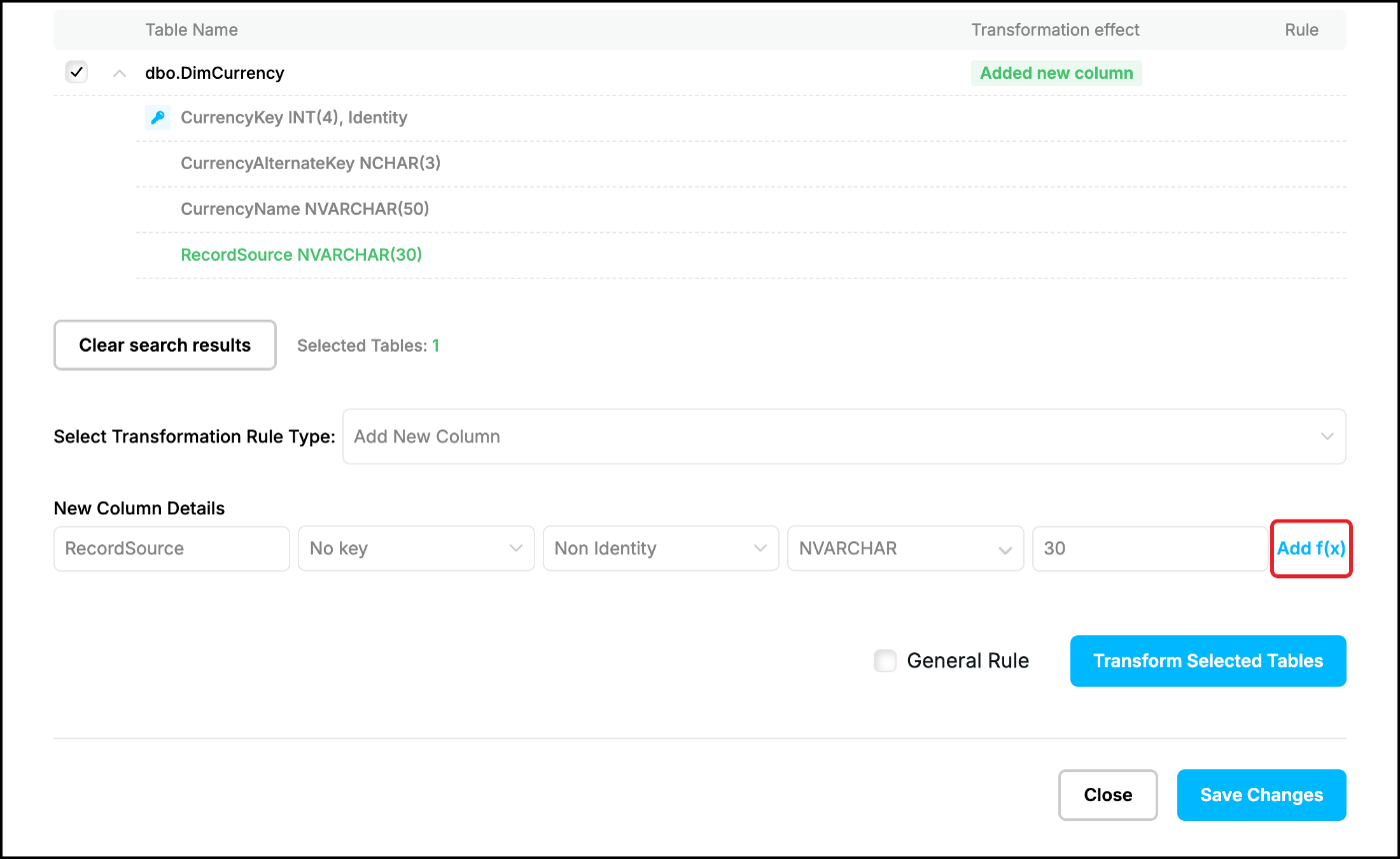 Web UI, Add New Column: details of the new column RecordSource, the Add f(x) link highlighted