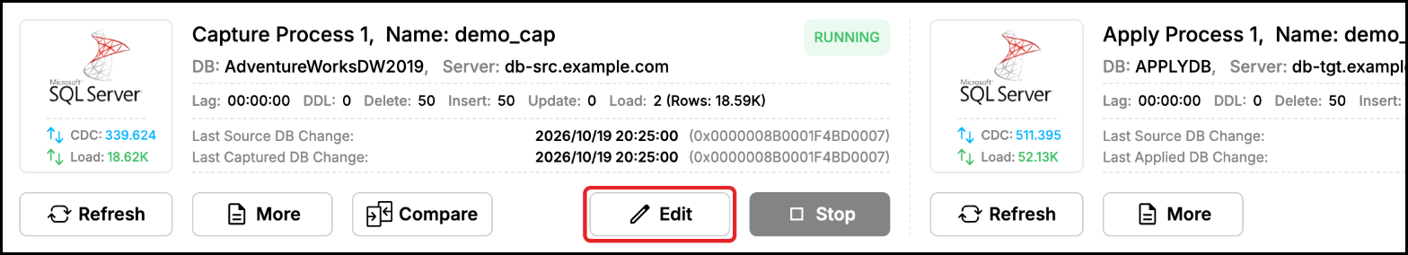 Web UI dashboard: Edit button of the capture process card highlighted